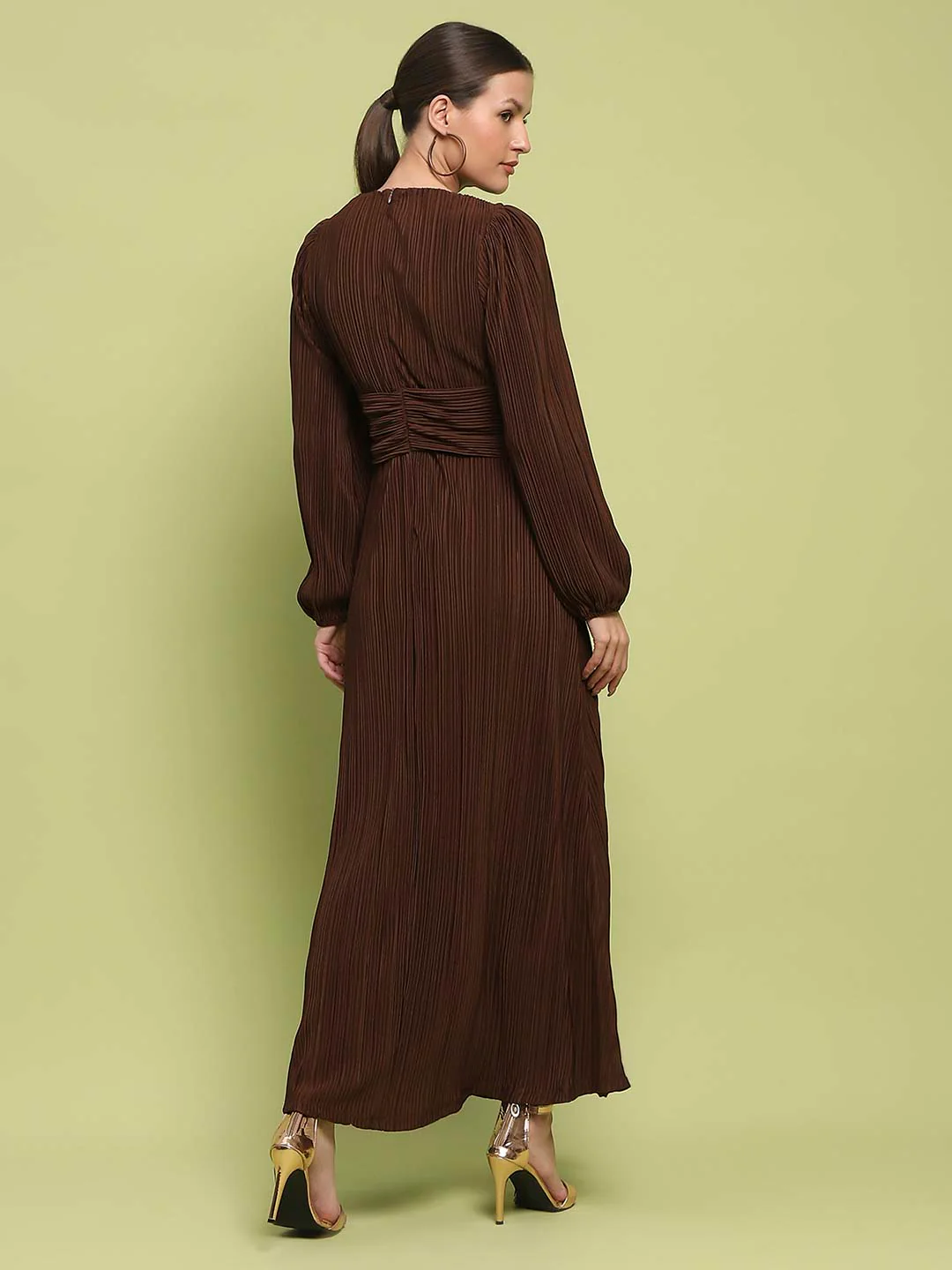 Madame Pleated Front Buckle Detailed Solid Chocolate Maxi Dress - Image 6