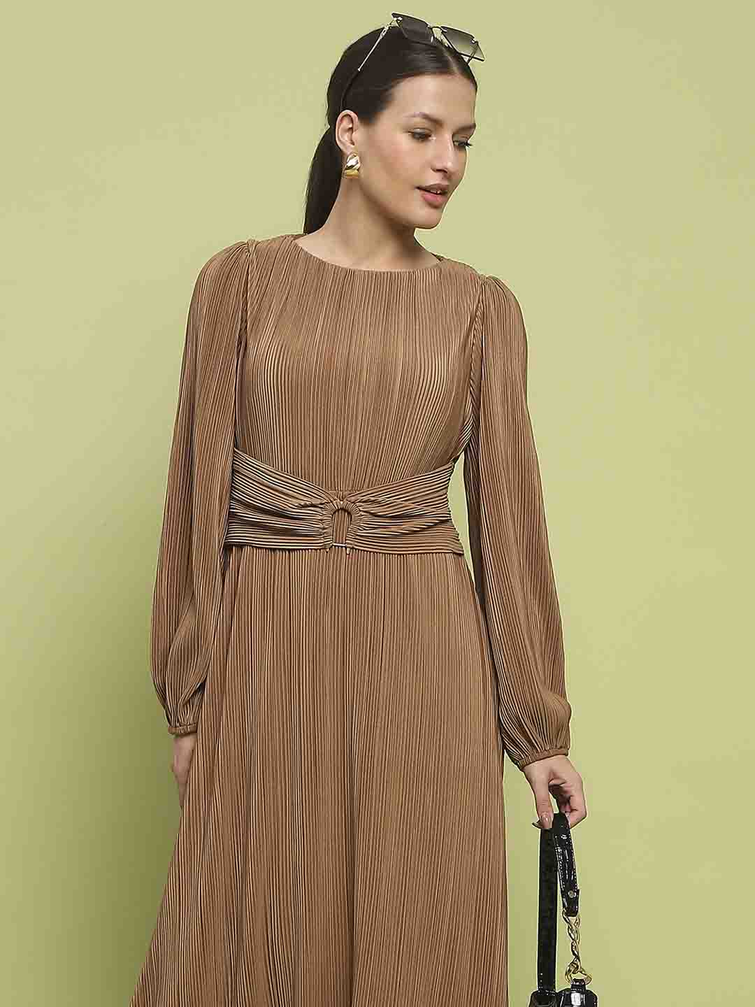 Madame Pleated Front Buckle Detailed Solid Golden Maxi Dress - Image 2