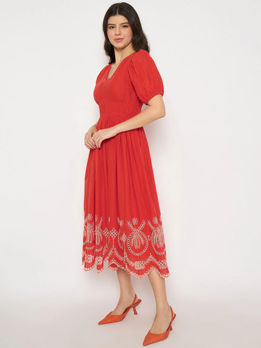 Madame Cutwork Embroidery Empire Waist Red Cotton Midi Dress - Image 5