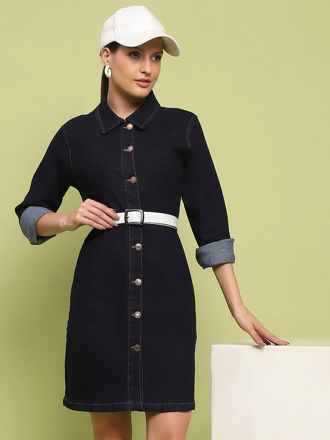 Madame Cotton Blend Belted Dark Indigo Mini Denim Dress - Image 2