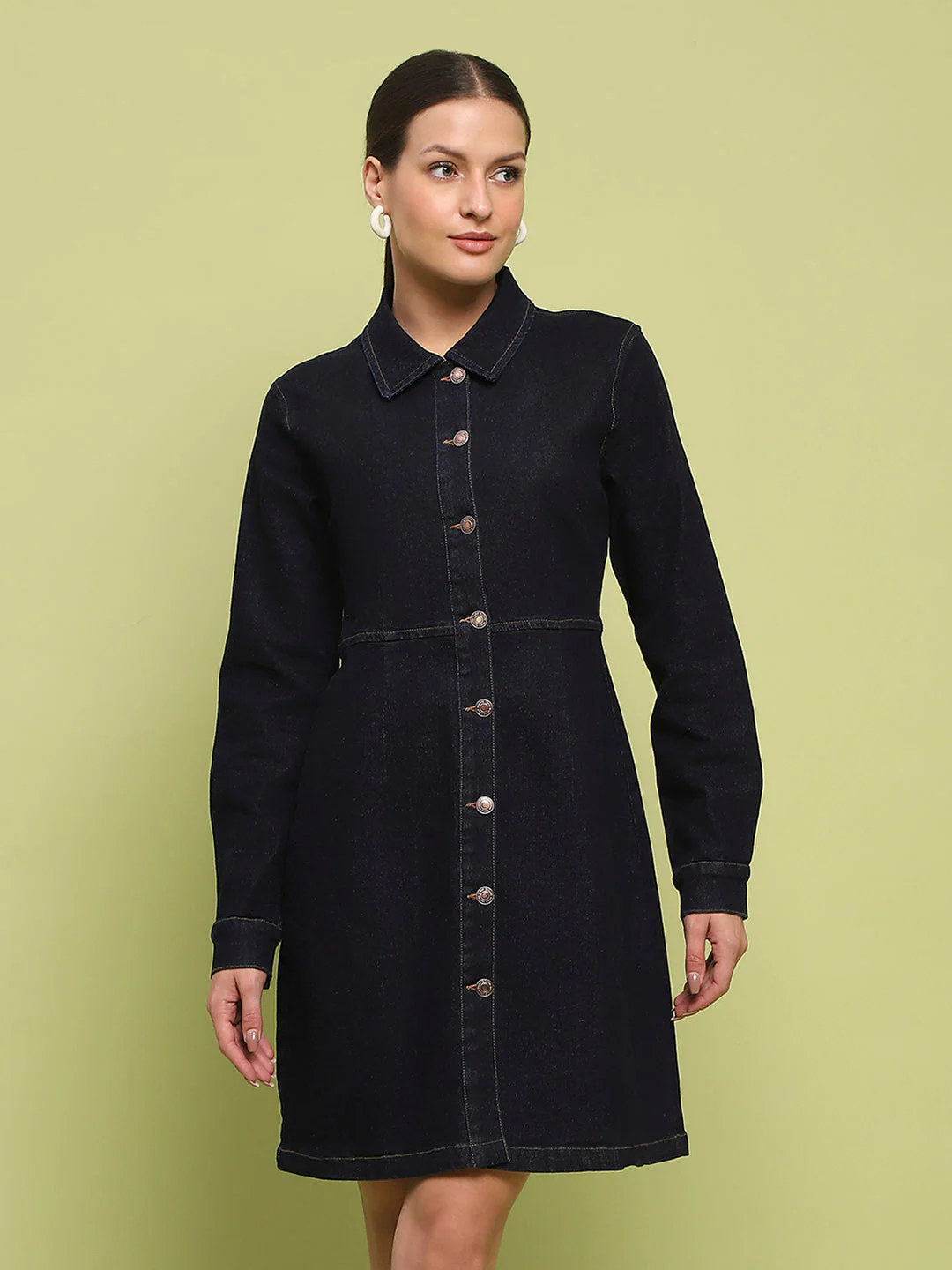Madame Cotton Blend Belted Dark Indigo Mini Denim Dress - Image 3