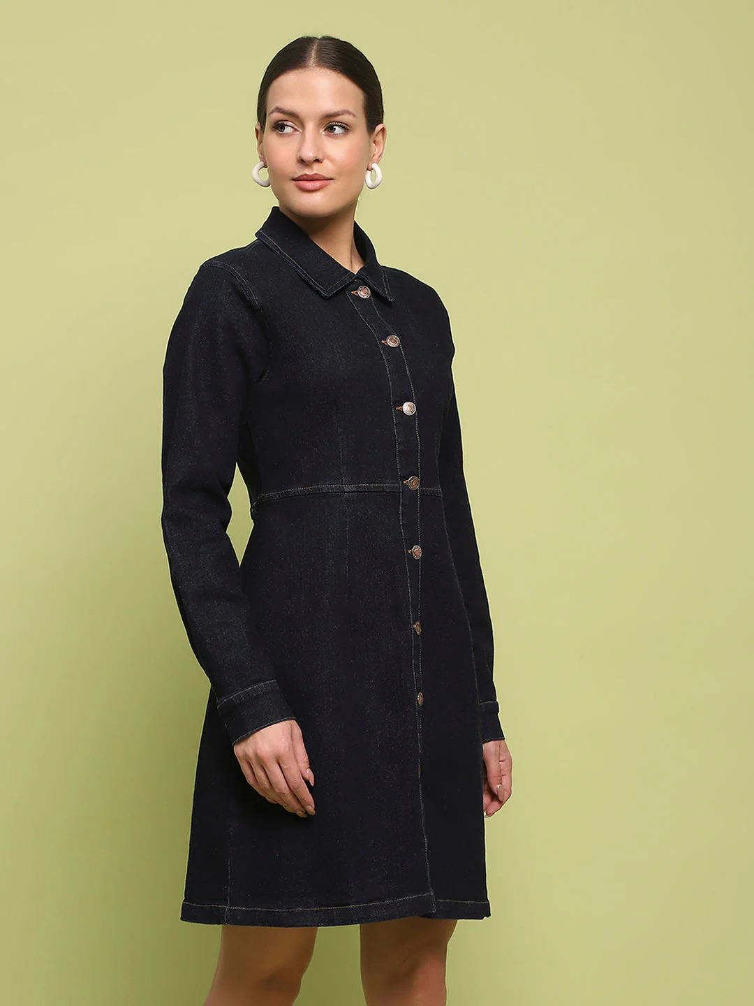 Madame Cotton Blend Belted Dark Indigo Mini Denim Dress - Image 4