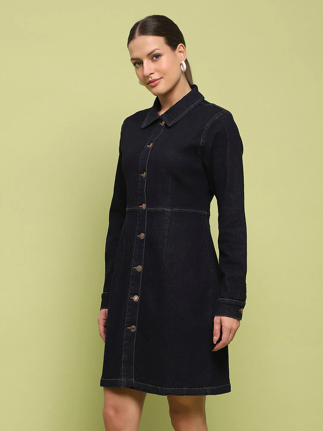 Madame Cotton Blend Belted Dark Indigo Mini Denim Dress - Image 5