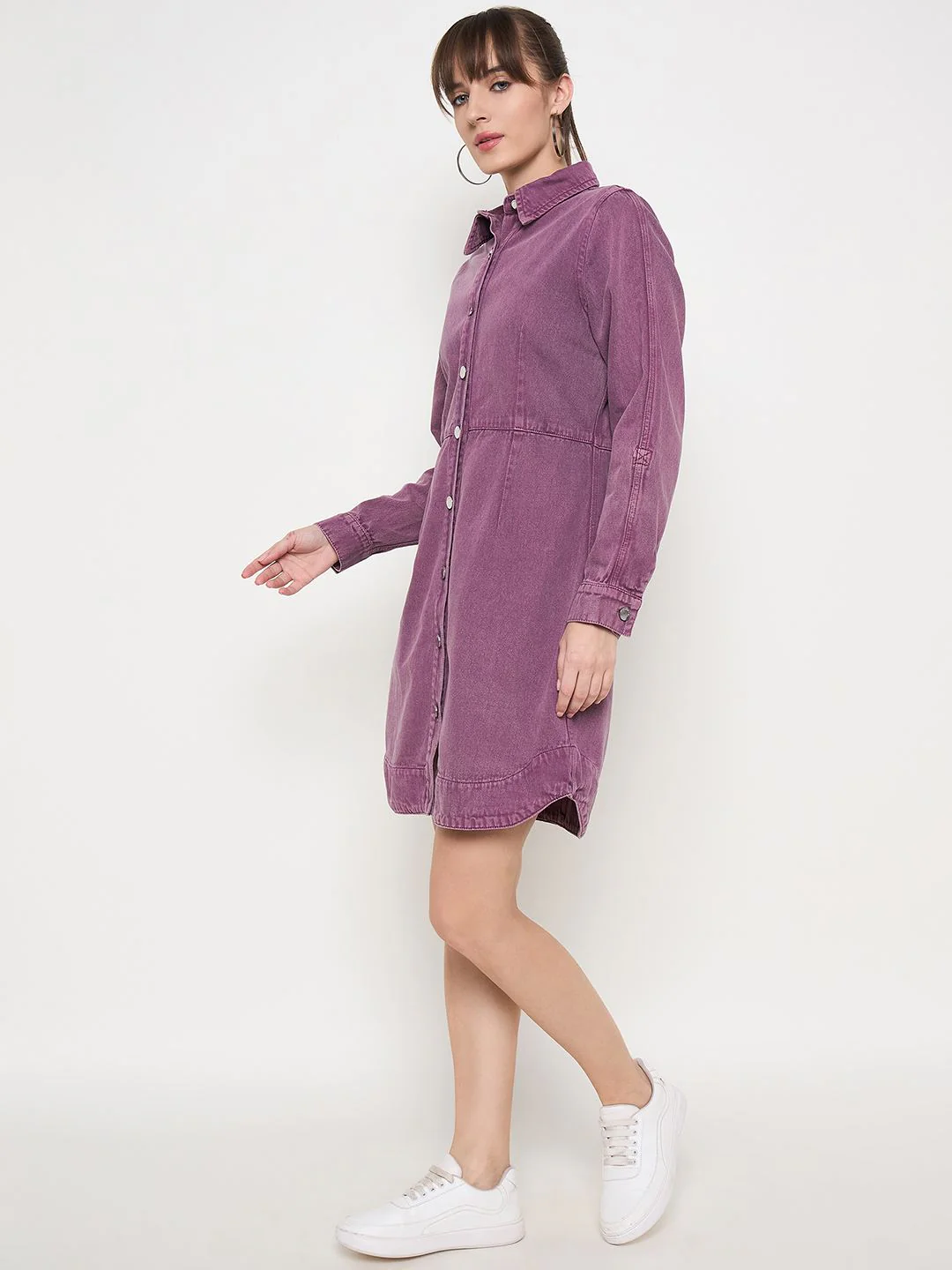 Madame Buttoned Plum Cotton Shirt Dress - Image 4