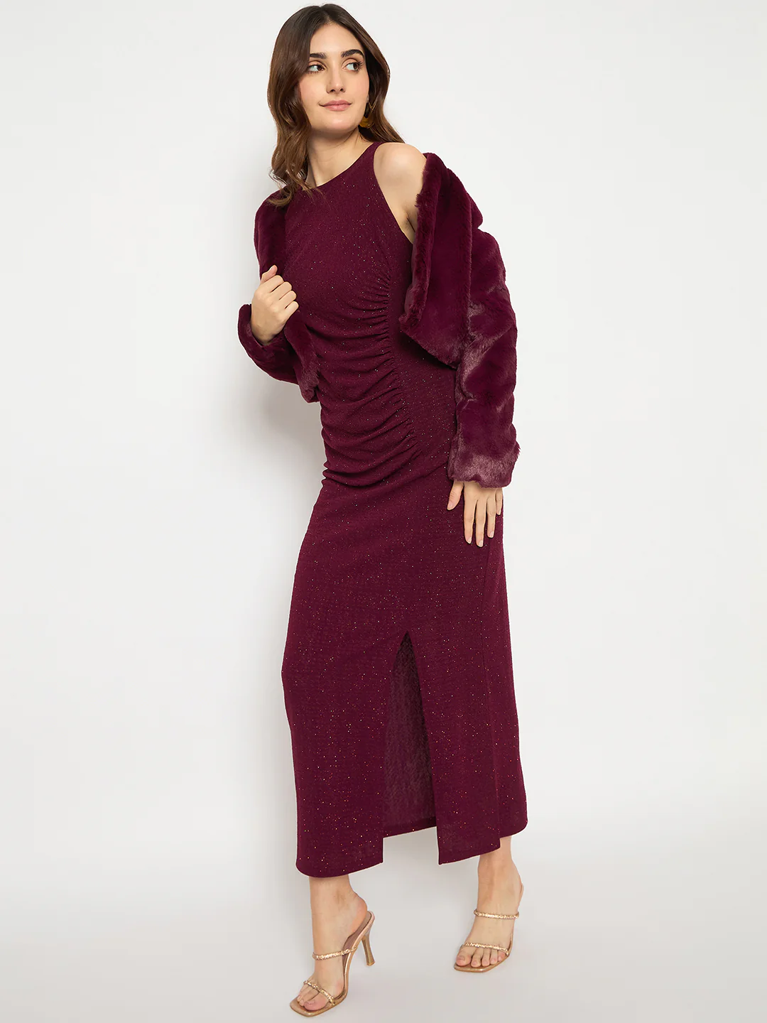 Madame Shimmery Gathered Detail Bodycon Wine Maxi Dress