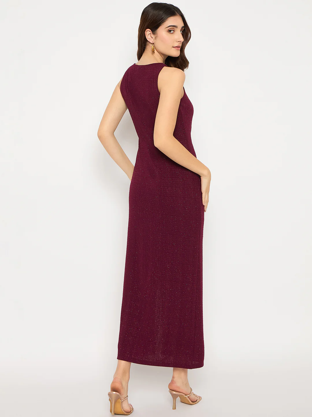 Madame Shimmery Gathered Detail Bodycon Wine Maxi Dress - Image 6