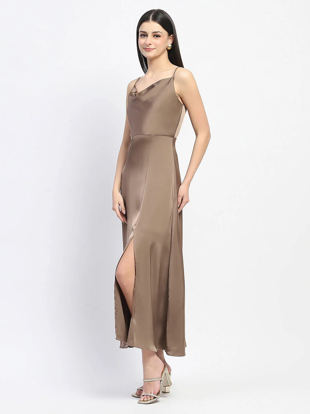 Madame Cowl Neck Golden Satin Maxi Dress - Image 2