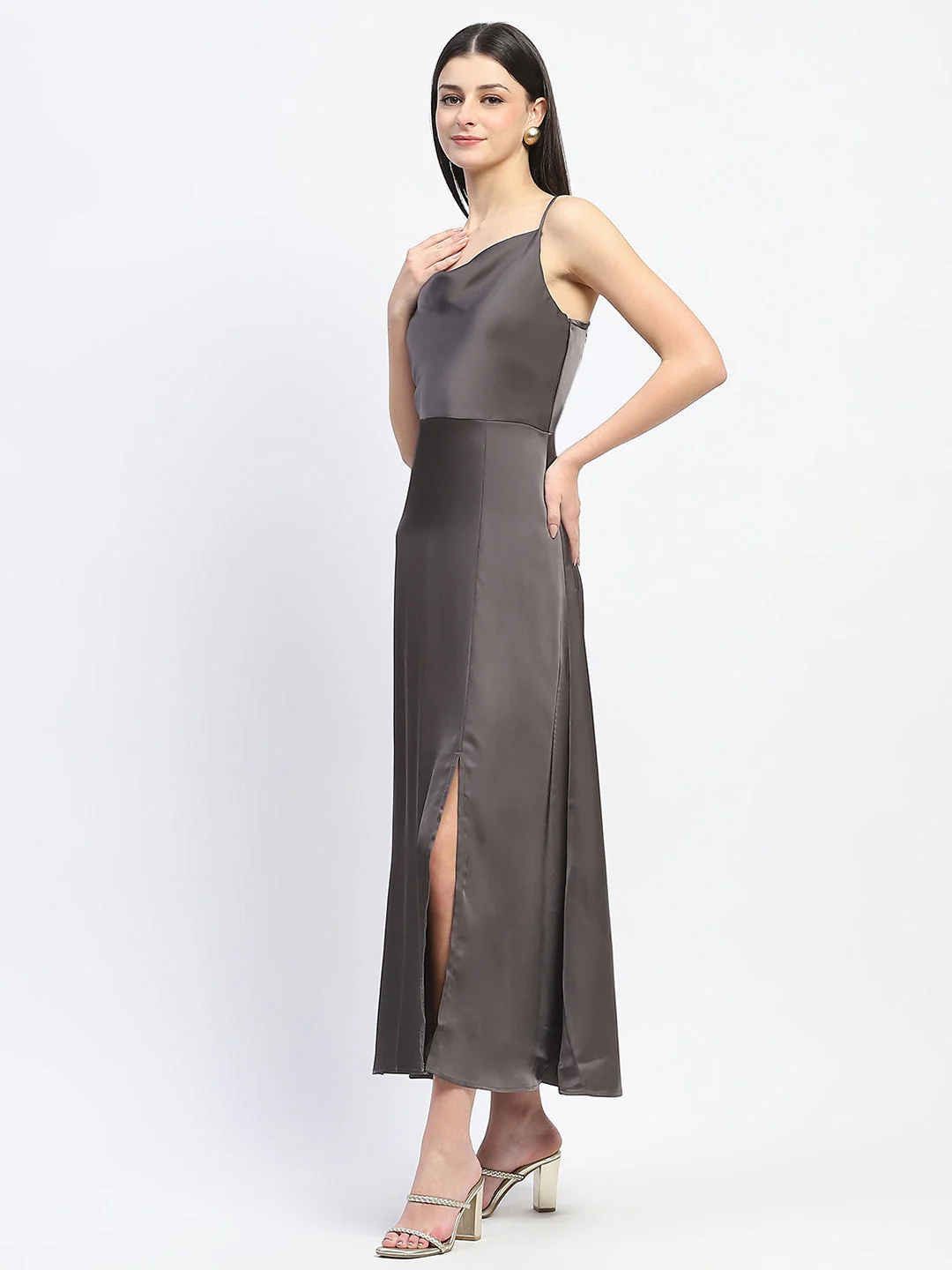 Madame Cowl Neck Solid Grey Satin Maxi Dress - Image 6