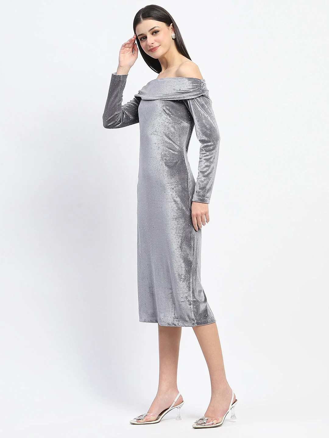 Madame Off-shoulder embellished Grey Velvet Dress - Image 5