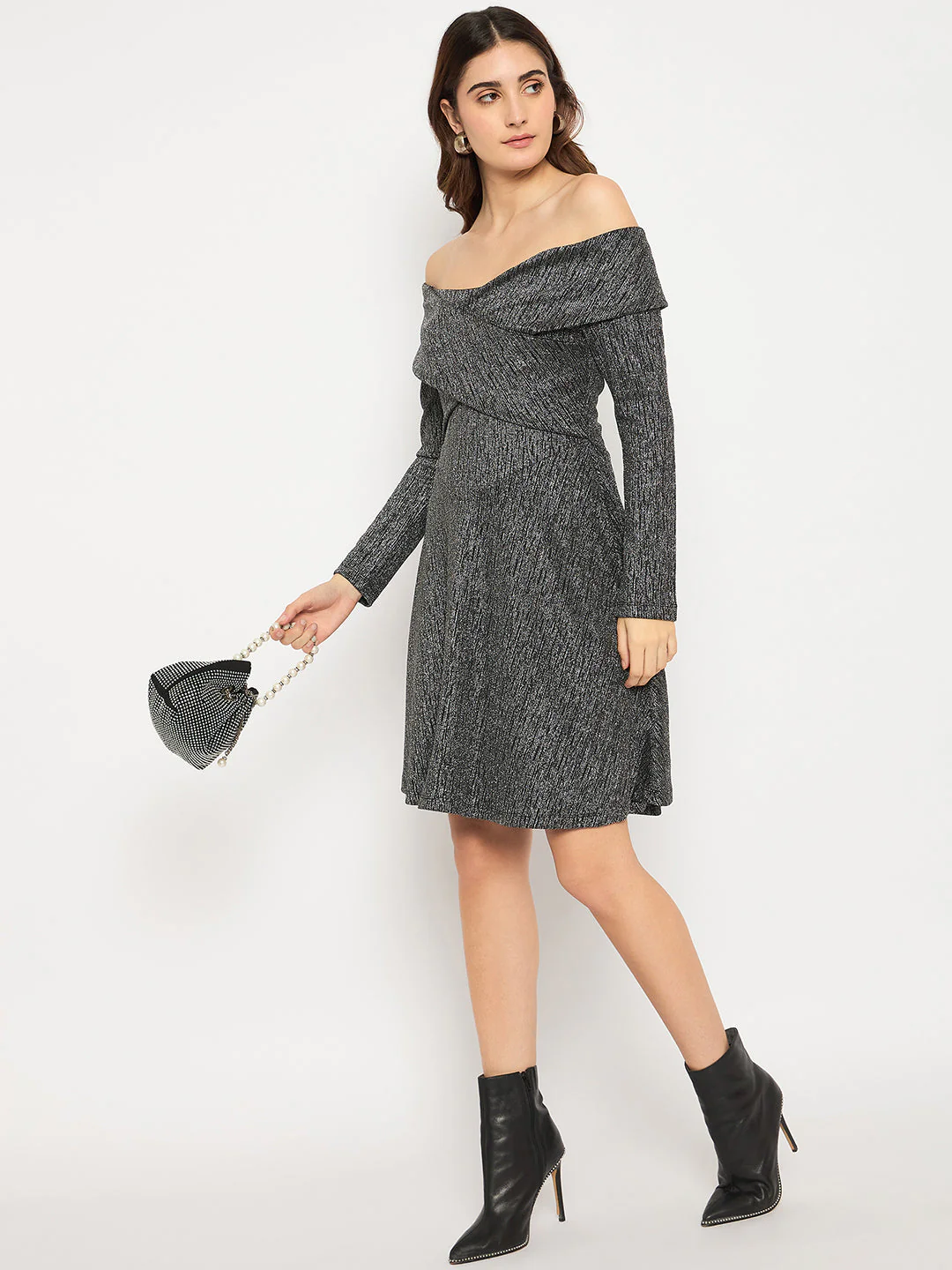 Madame Off Shoulder Self Design Black Knitted Midi Dress - Image 2