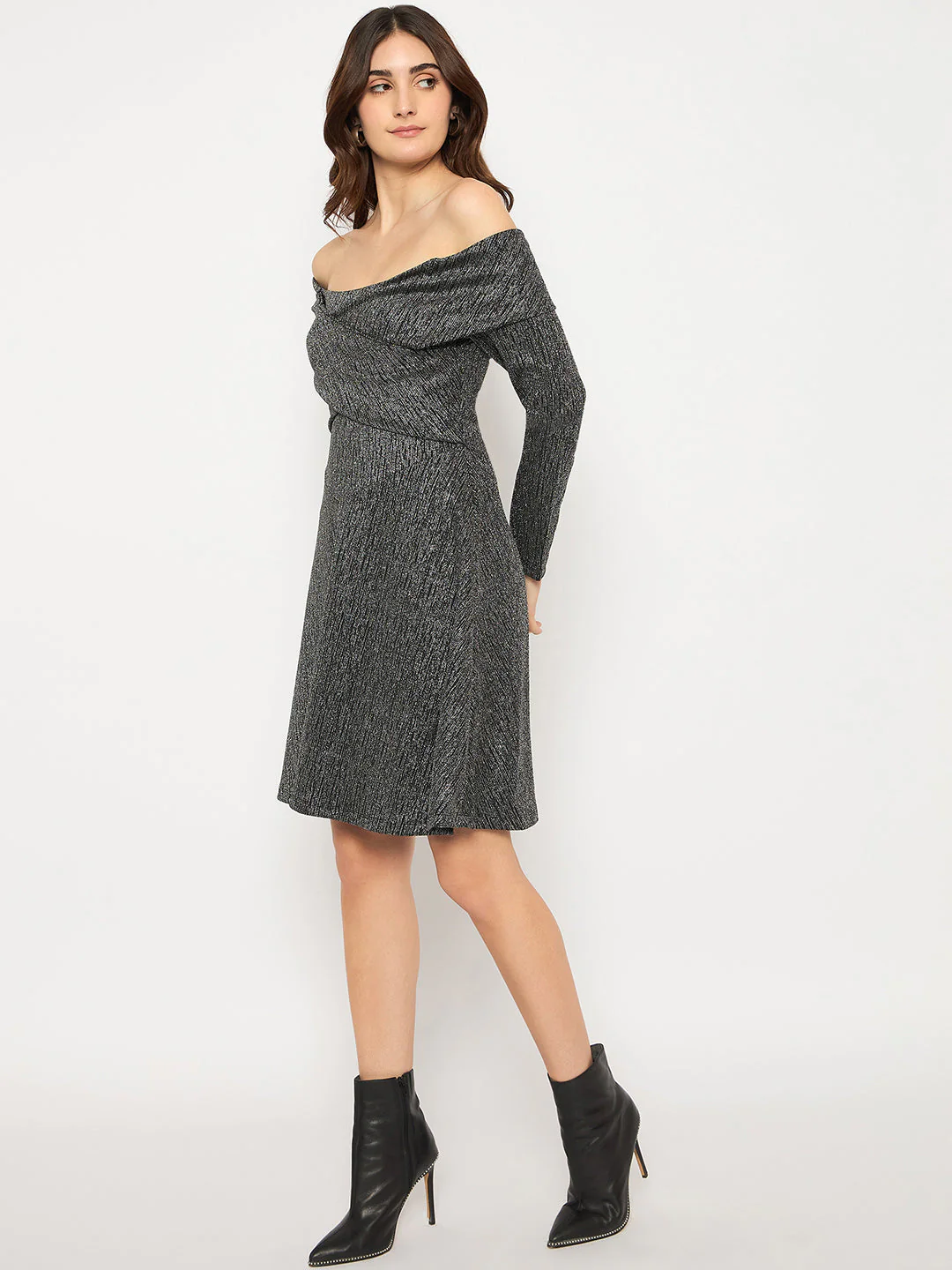 Madame Off Shoulder Self Design Black Knitted Midi Dress - Image 5