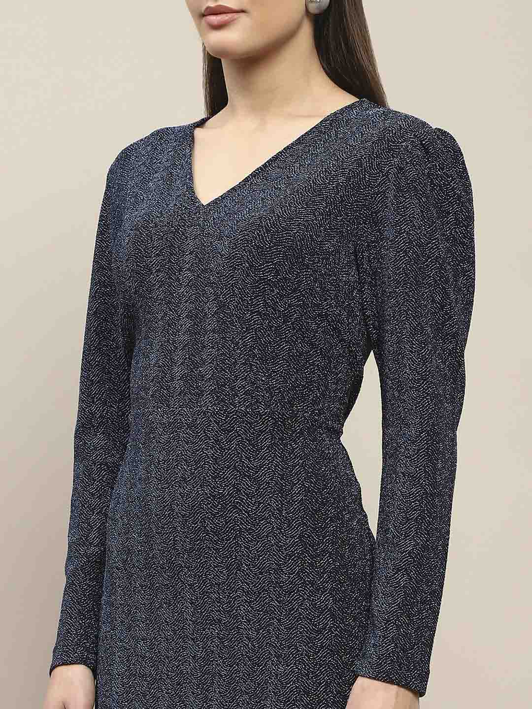 Madame Overlapping Detailed Navy Blue Knitted Midi Dress - Image 7