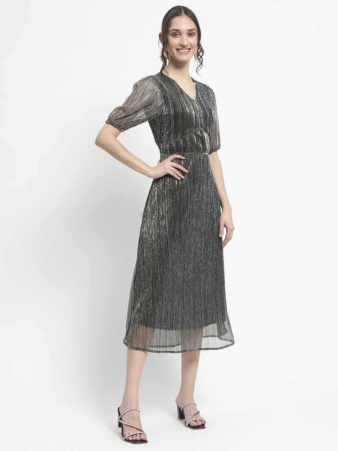 Madame Shimmery Corset Detailed Puff Sleeved Black Midi Dress - Image 4