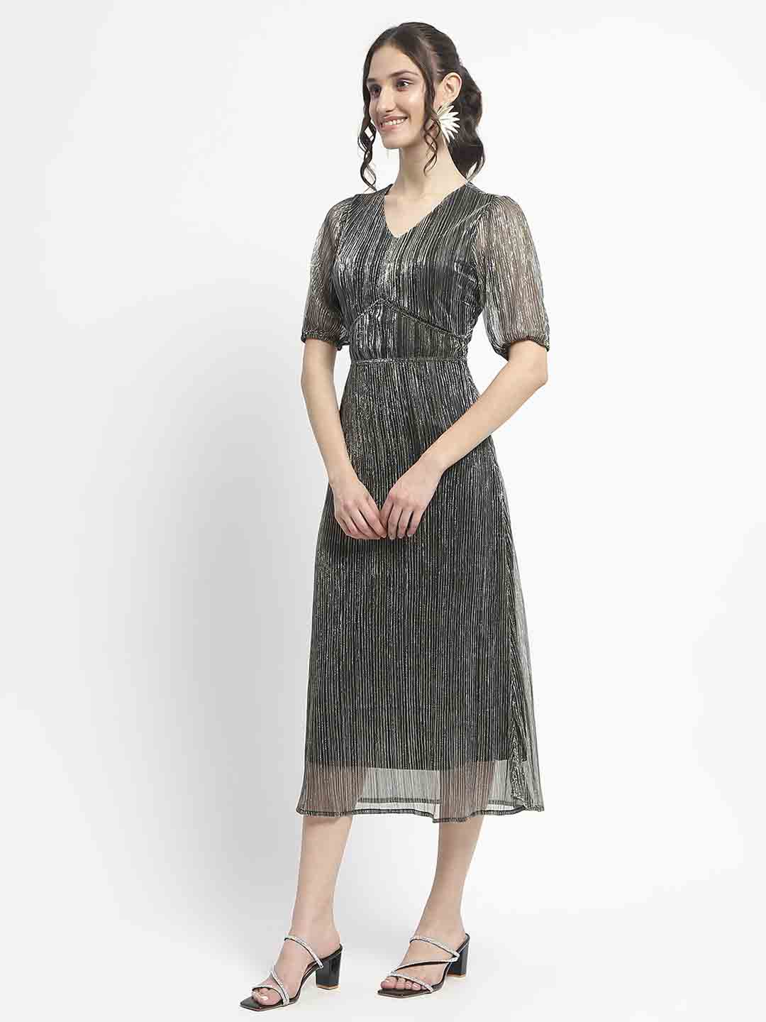 Madame Shimmery Corset Detailed Puff Sleeved Black Midi Dress - Image 5