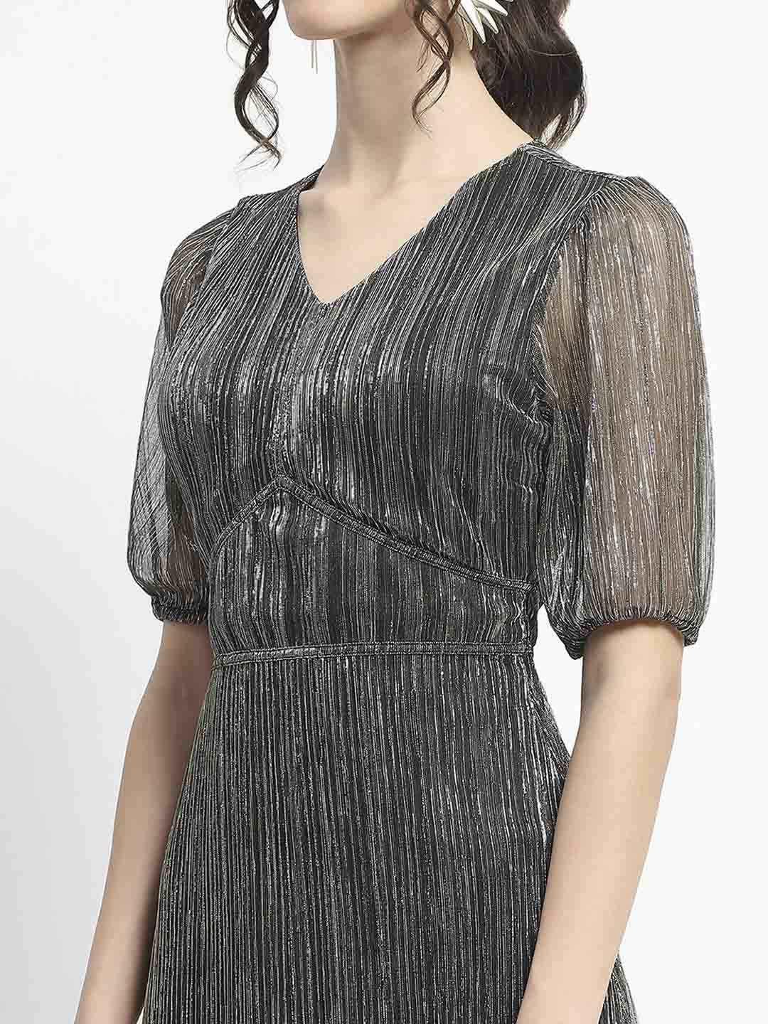 Madame Shimmery Corset Detailed Puff Sleeved Black Midi Dress - Image 7
