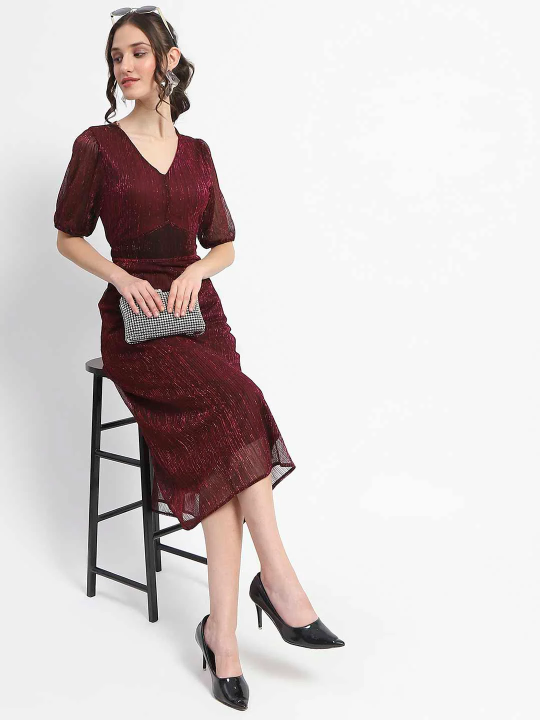 Madame Shimmery Corset Detailed Puff Sleeved Plum Midi Dress - Image 2