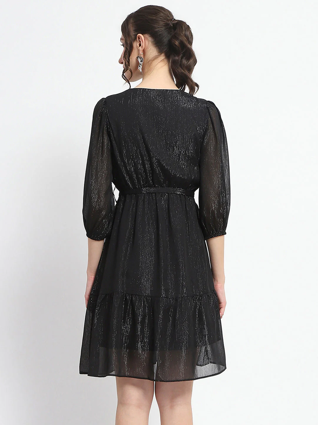Madame Shimmery Tiered Belted Waist Black Midi Dress - Image 6