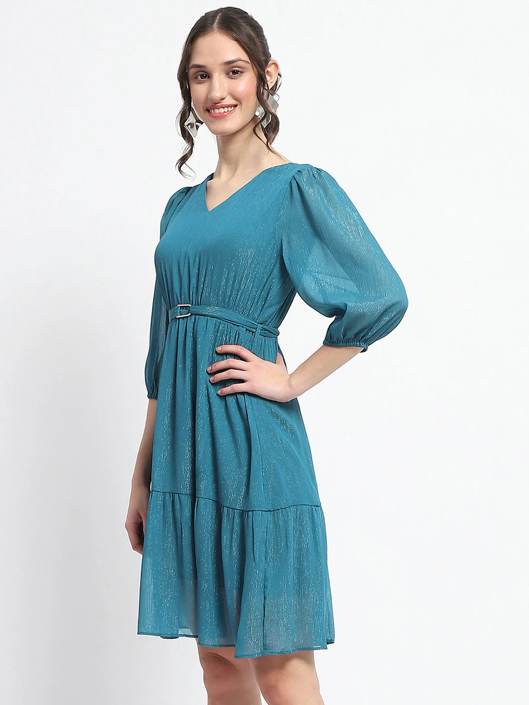 Madame Shimmery Tiered Belted Waist Teal Midi Dress - Image 5