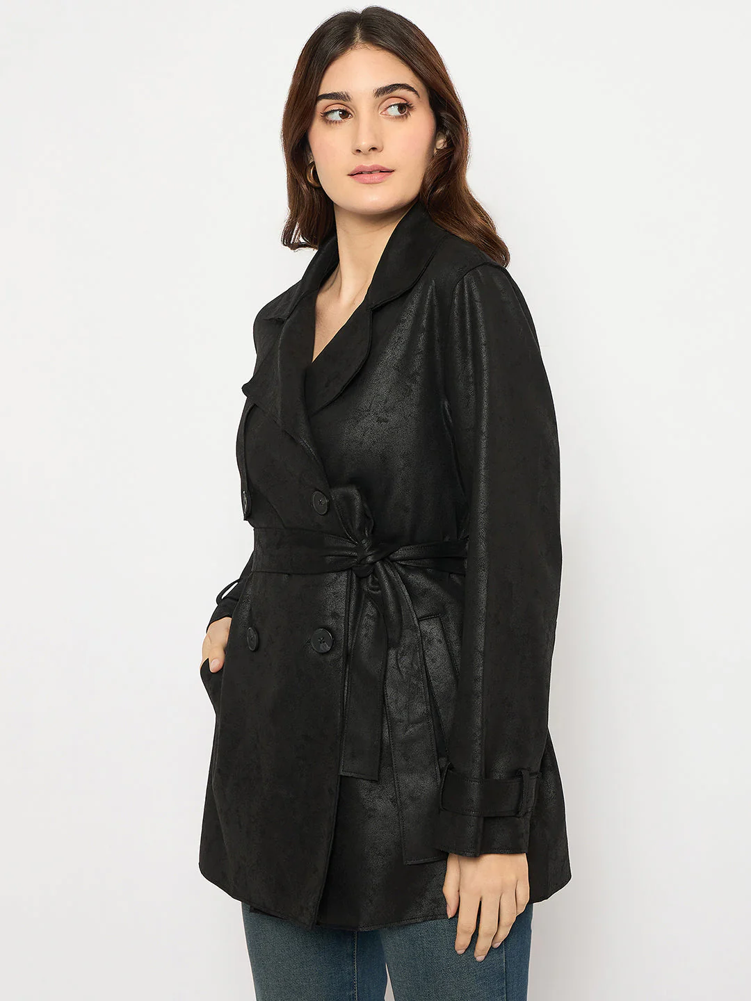 Madame Double Breasted Belted Solid Black Trench Coat - Image 5