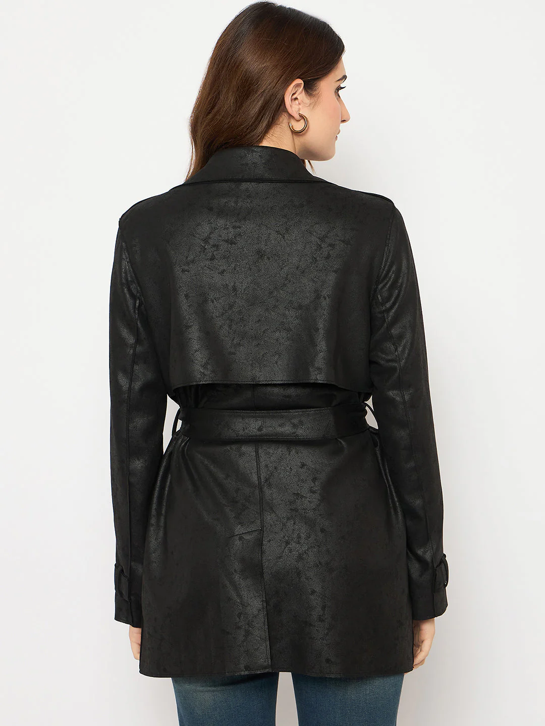 Madame Double Breasted Belted Solid Black Trench Coat - Image 6