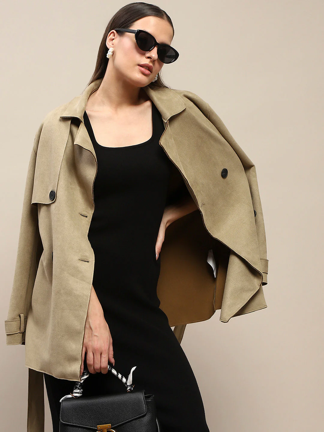 Madame Double Breasted Belted Solid Pista Green Trench Coat - Image 2
