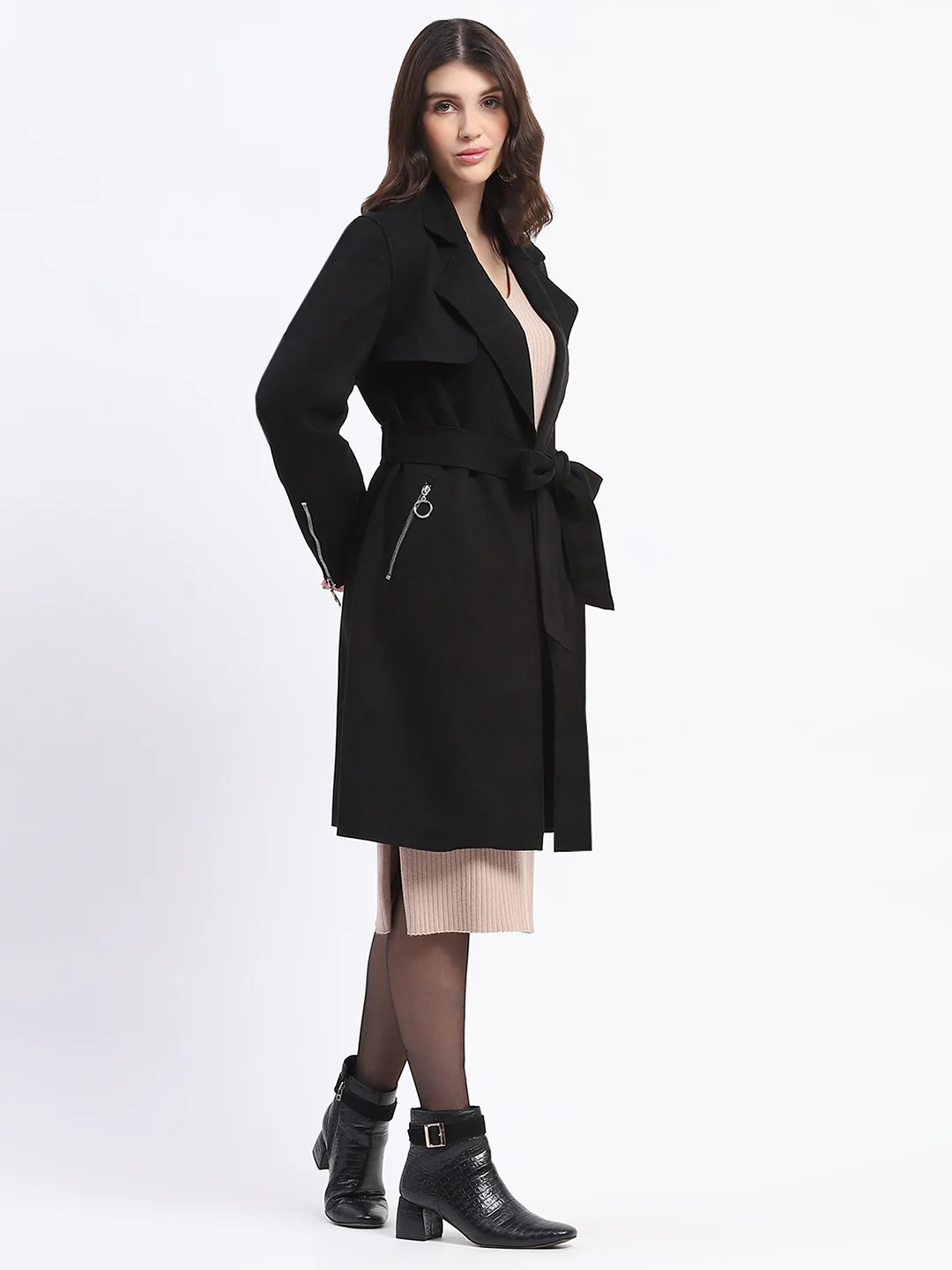 Madame Metal Zip Raw Edge Detailed Solid Black Trench Coat - Image 3