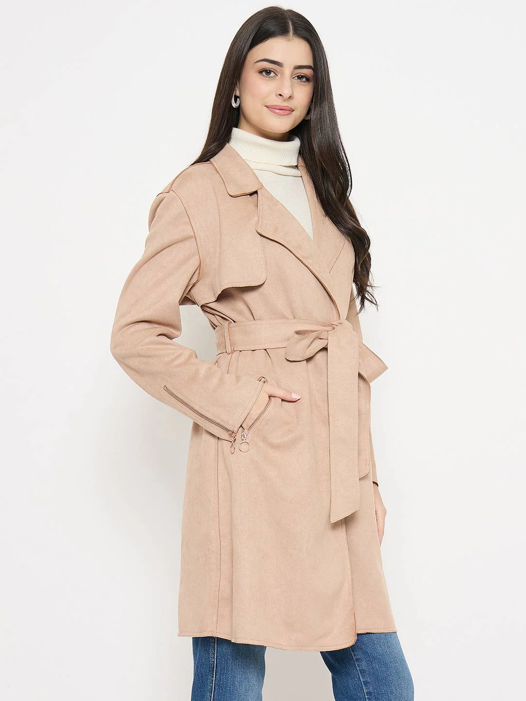 Madame Belted Camel Brown Long Trench Coat - Image 4