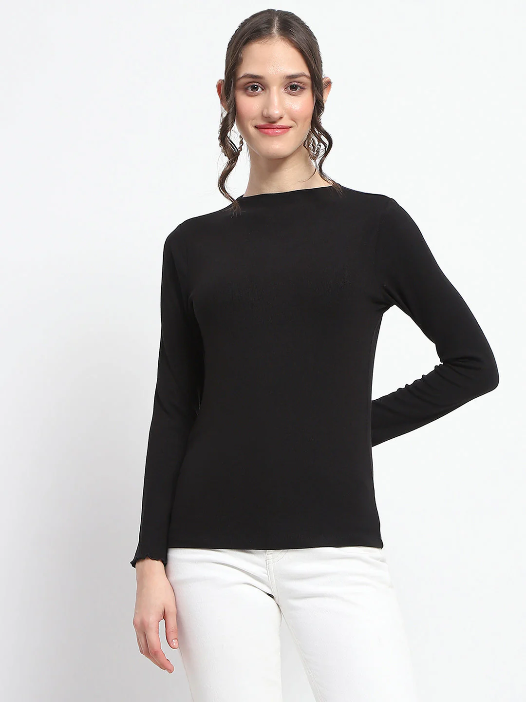 Madame High Neck Full Sleeve Solid Black Top - Image 3