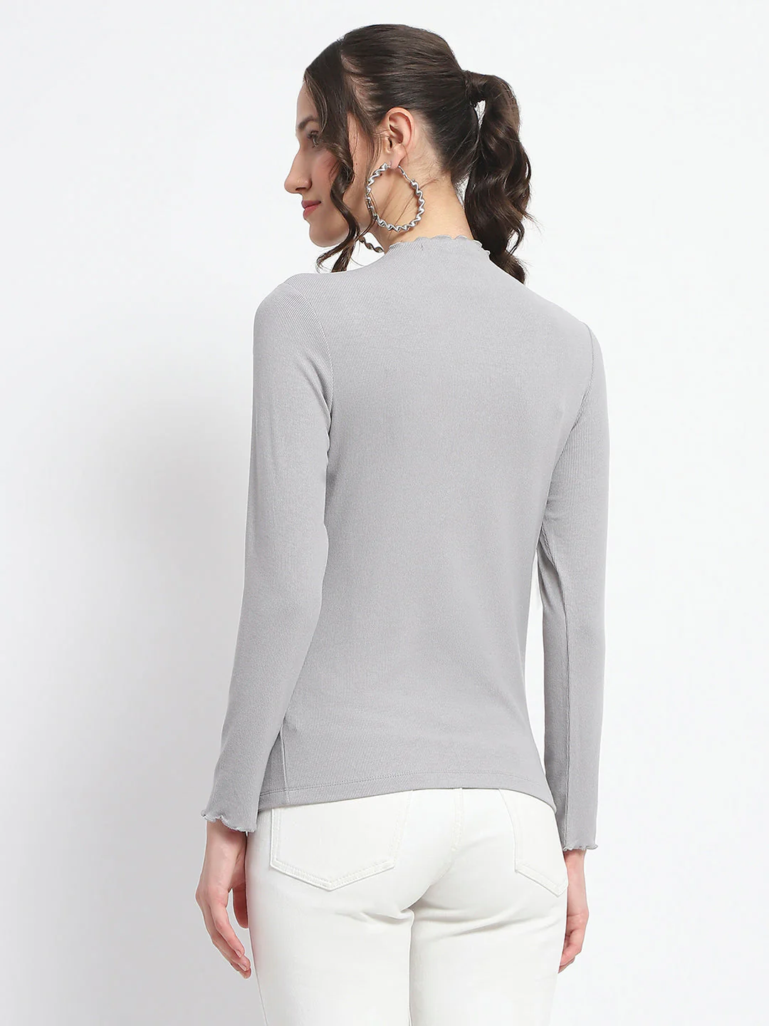 Madame High Neck Full Sleeve Solid Grey Top - Image 6