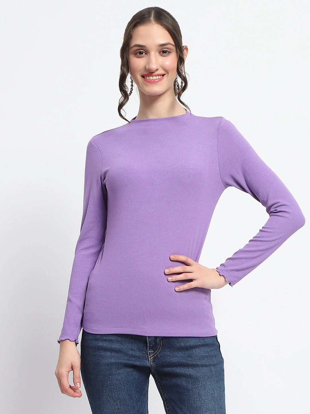 Madame High Neck Full Sleeve Solid Purple Top - Image 3