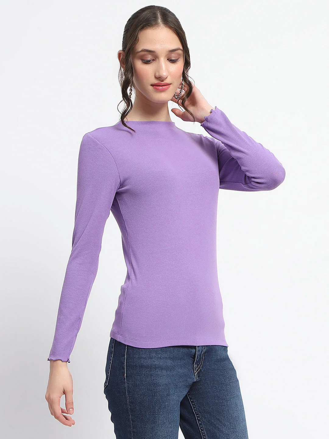 Madame High Neck Full Sleeve Solid Purple Top - Image 4