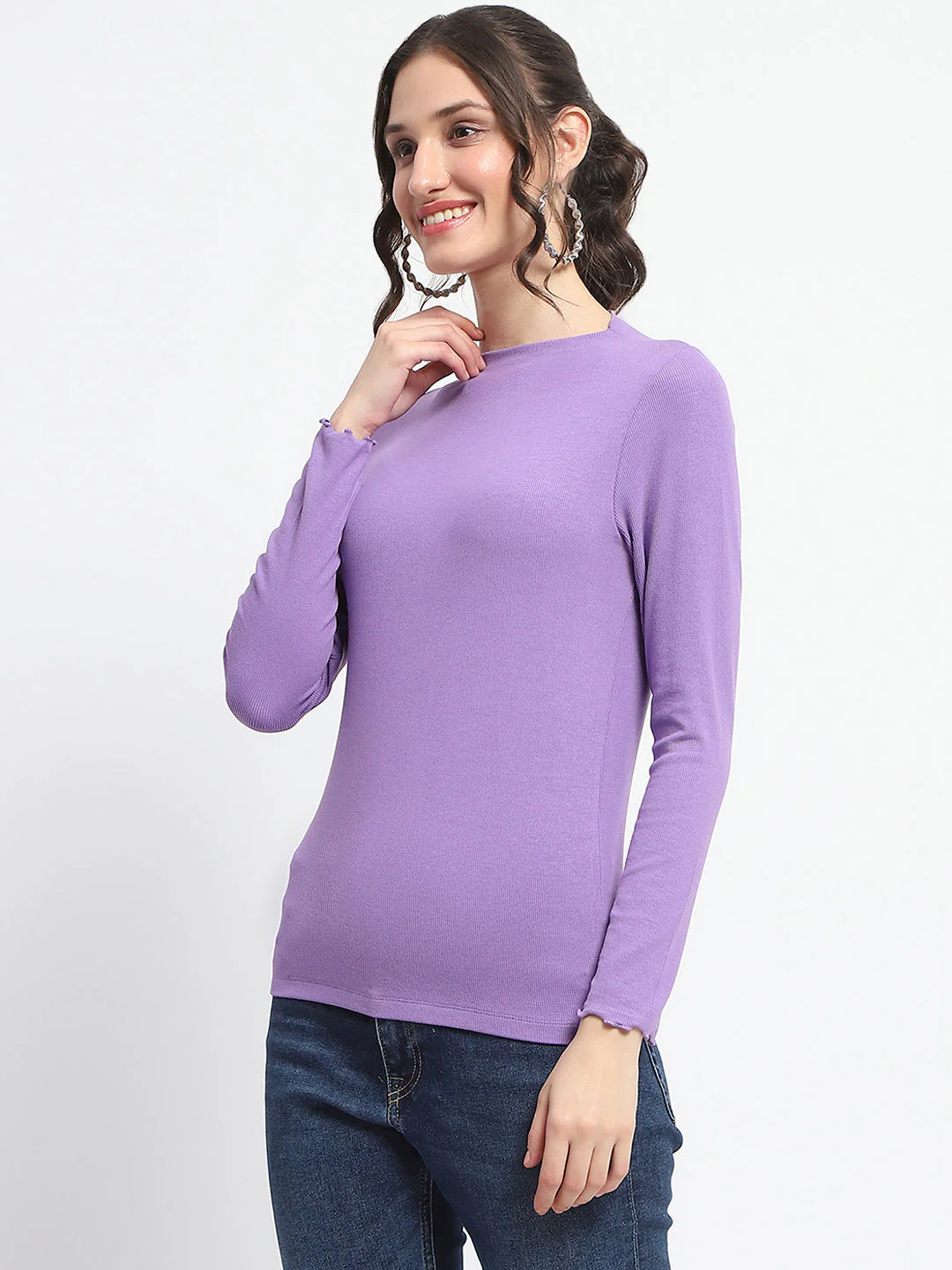 Madame High Neck Full Sleeve Solid Purple Top - Image 5