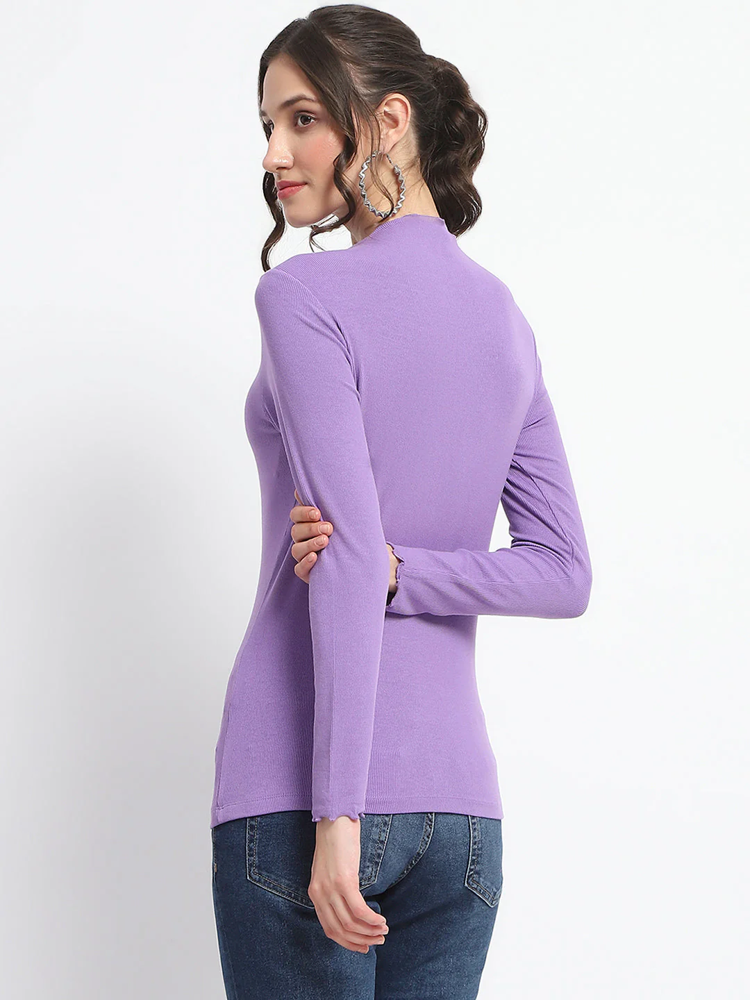 Madame High Neck Full Sleeve Solid Purple Top - Image 6