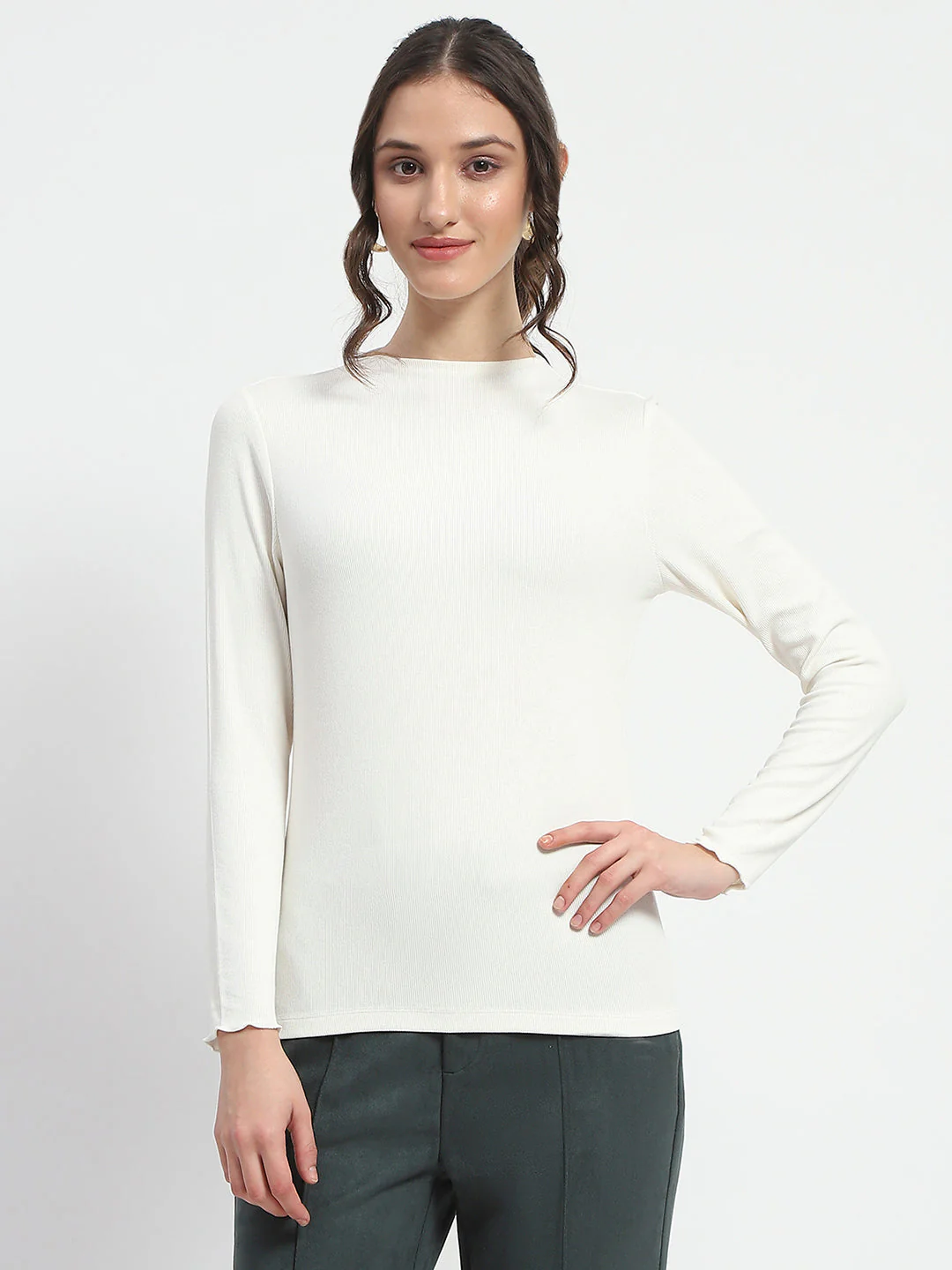 Madame High Neck Full Sleeve Solid White Top - Image 3