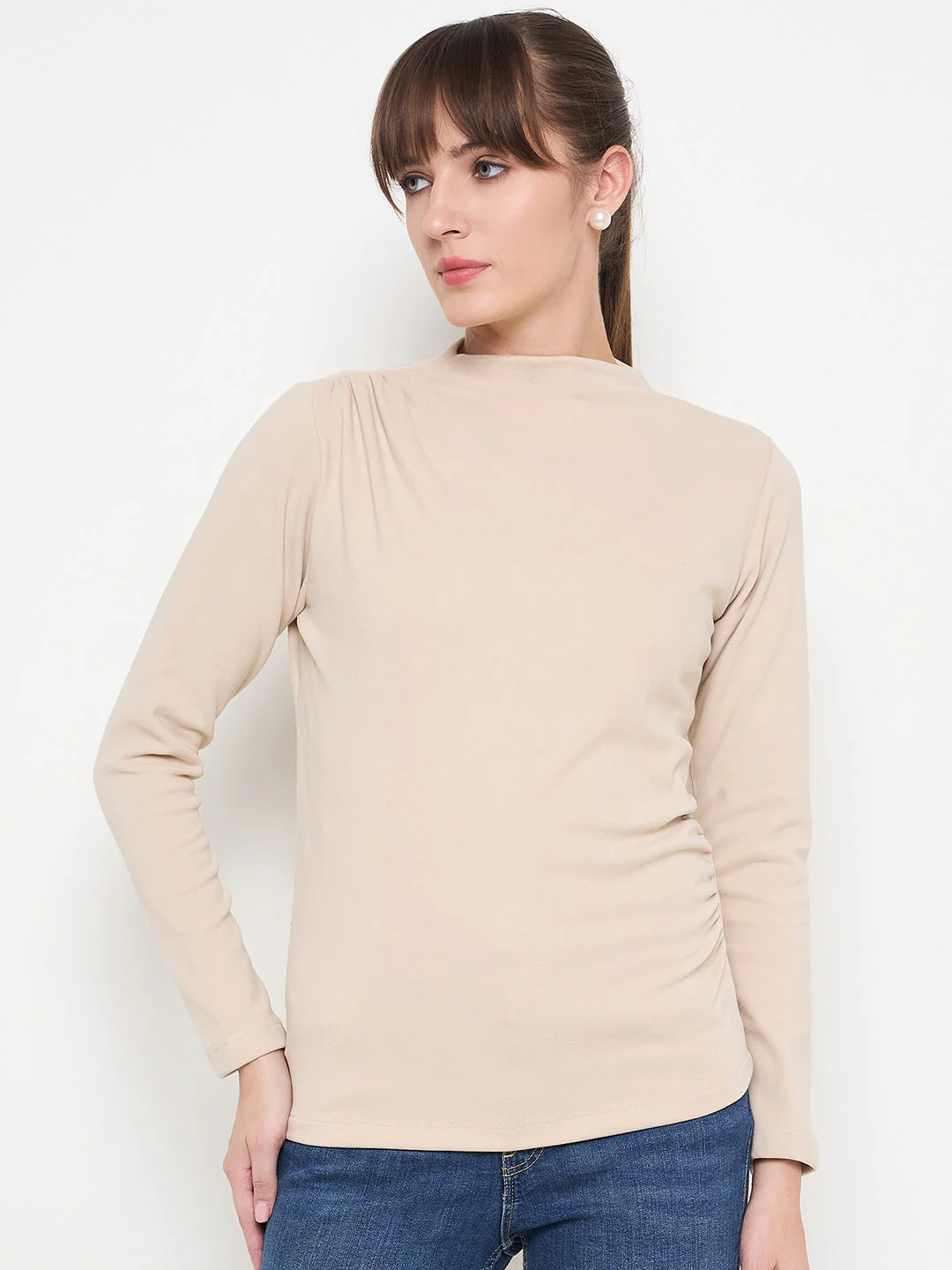 Madame Funnel Neck Full Sleeve Seam Detailed Solid Beige Knitted Top - Image 4
