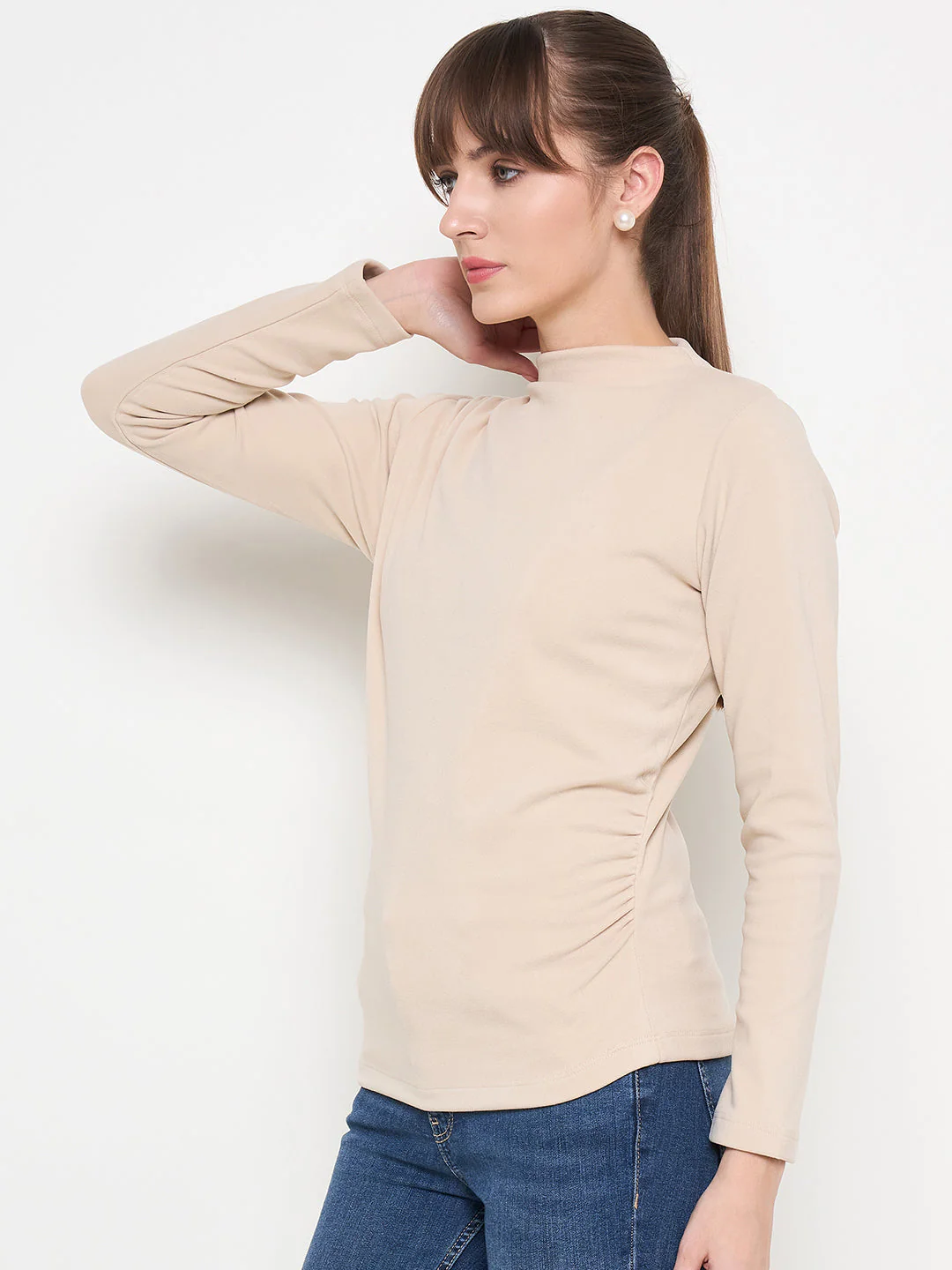 Madame Funnel Neck Full Sleeve Seam Detailed Solid Beige Knitted Top - Image 6