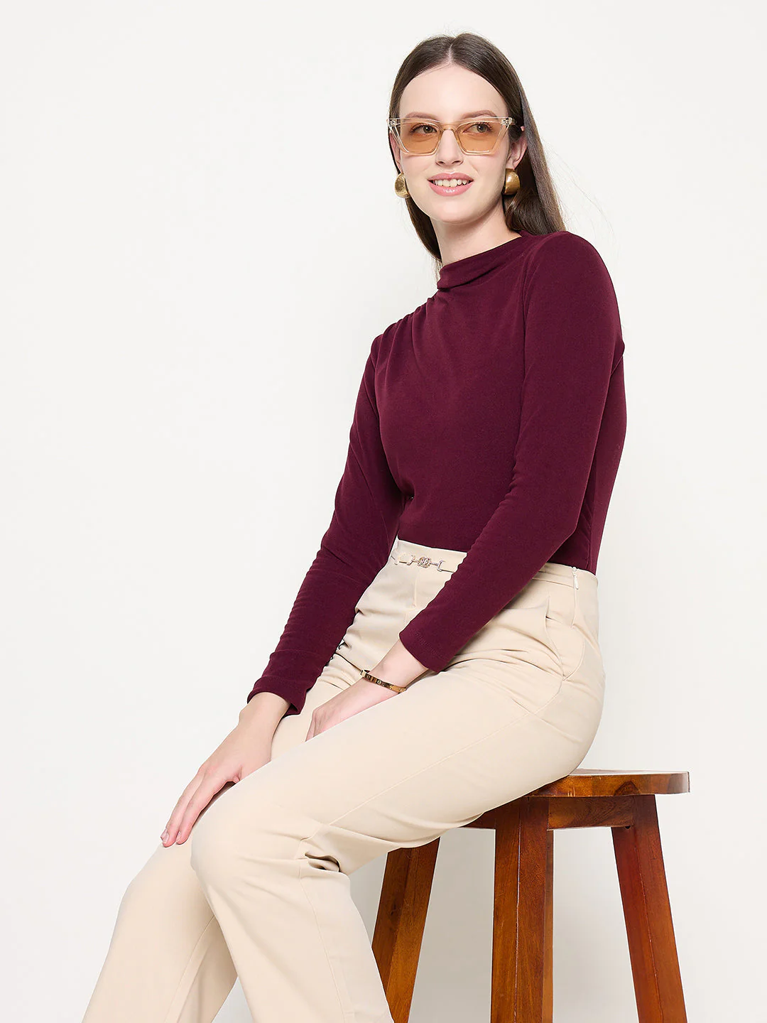 Madame Funnel Neck Full Sleeve Seam Detailed Solid Maroon Knitted Top - Image 2