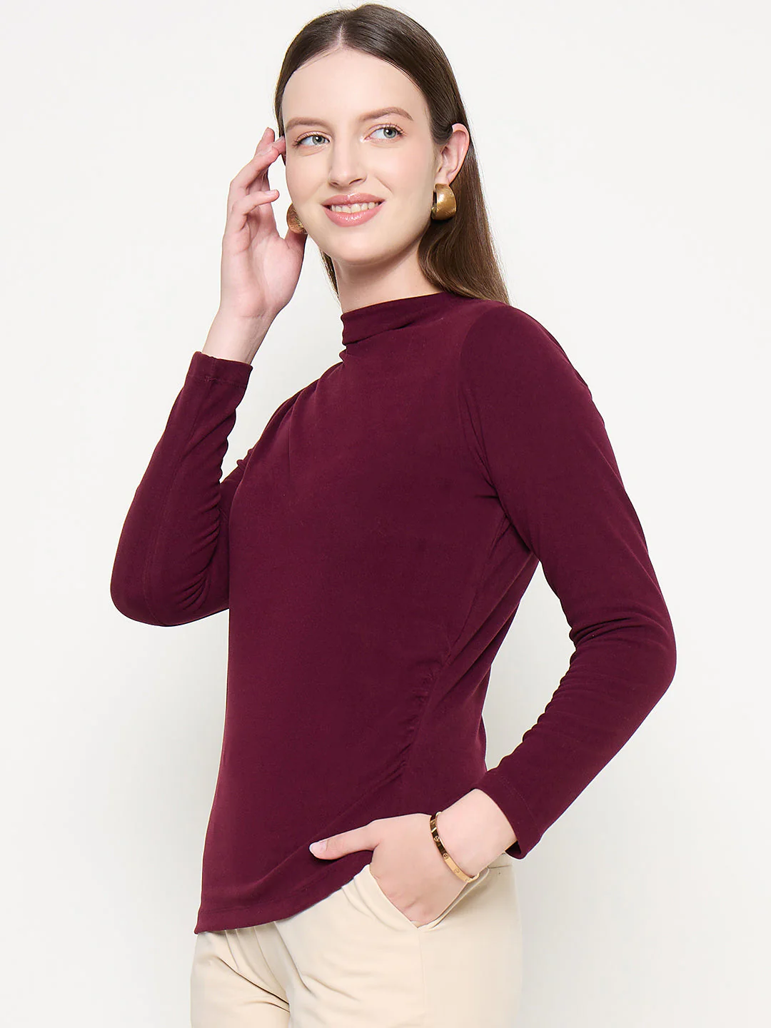 Madame Funnel Neck Full Sleeve Seam Detailed Solid Maroon Knitted Top - Image 5