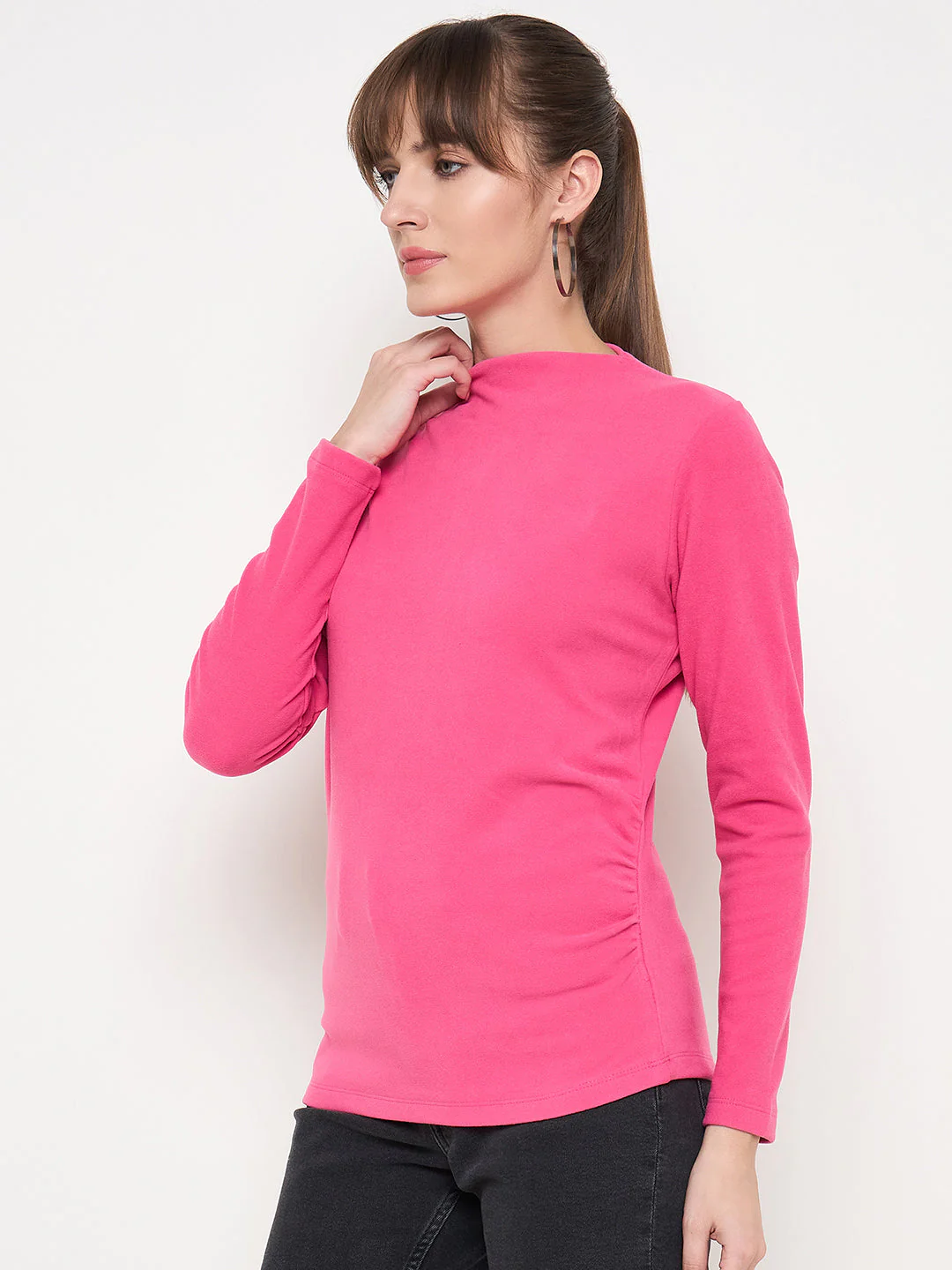 Madame Funnel Neck Full Sleeve Seam Detailed Solid Pink Knitted Top - Image 5