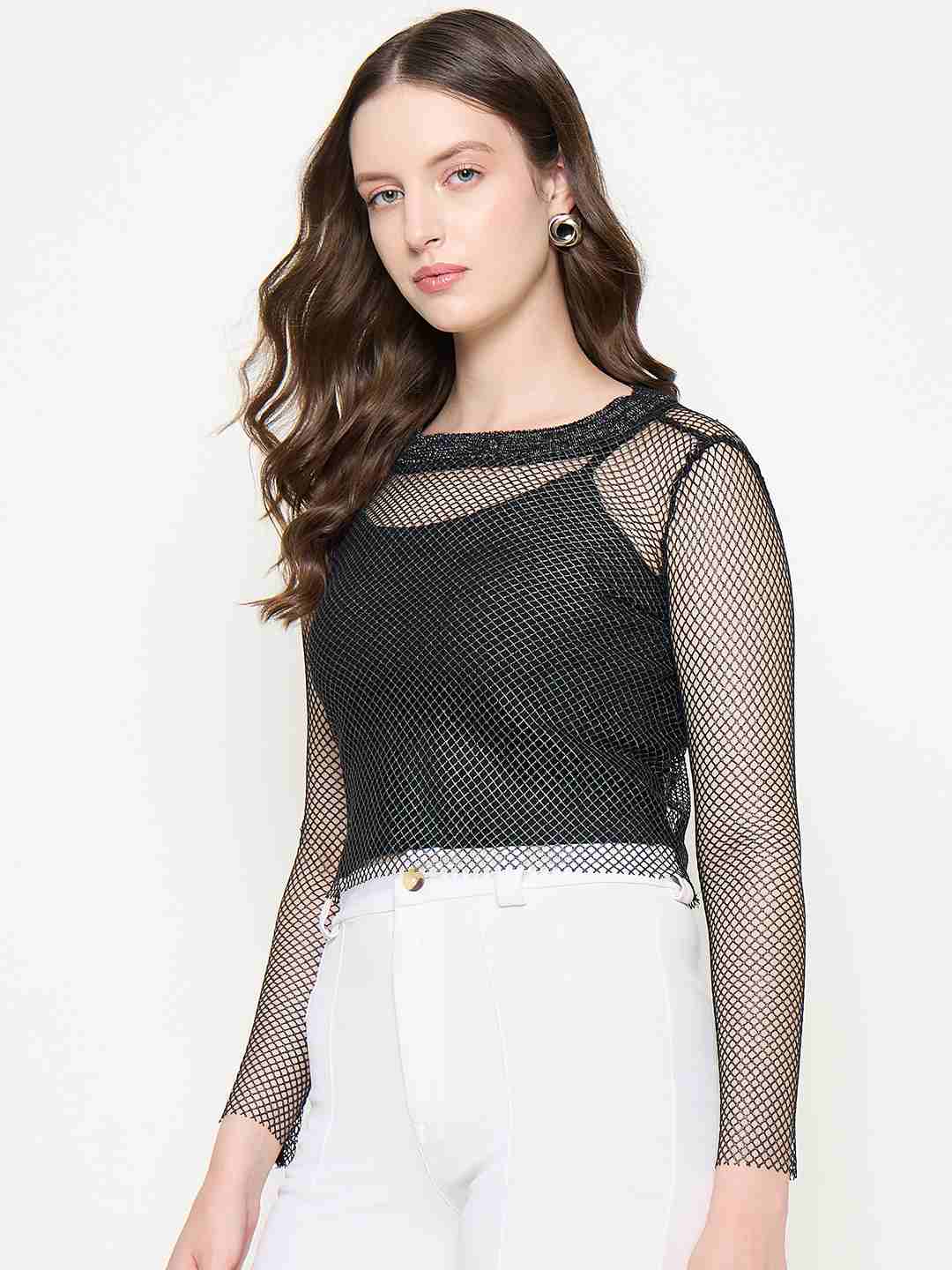Madame Mesh Mock Neck Spaghetti Solid Black Top - Image 5