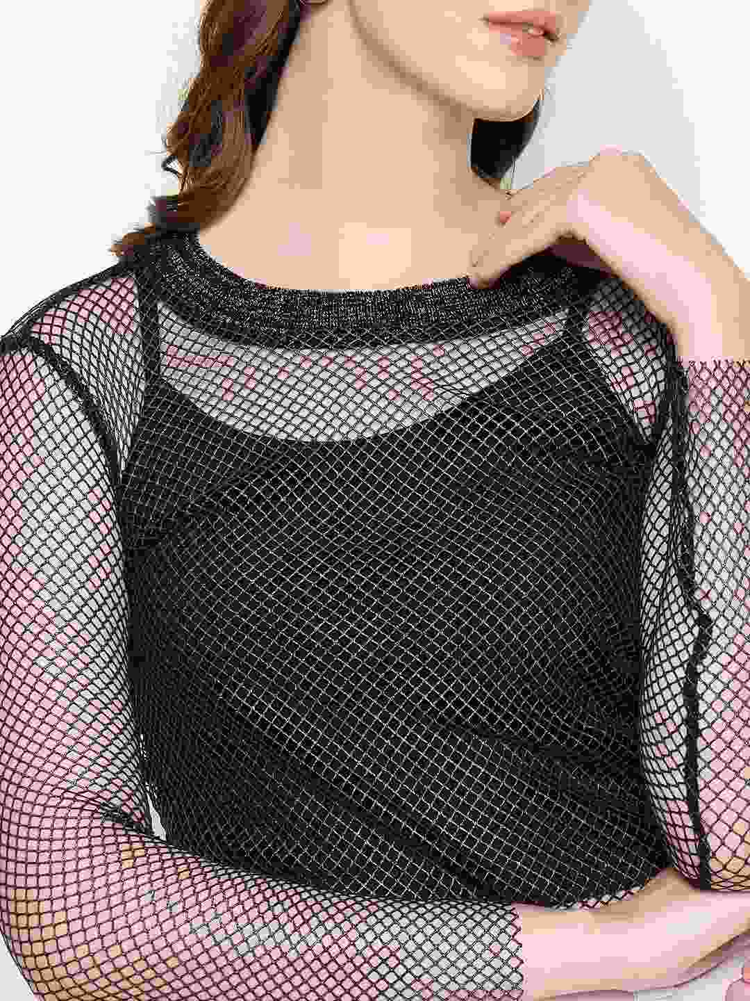 Madame Mesh Mock Neck Spaghetti Solid Black Top - Image 8