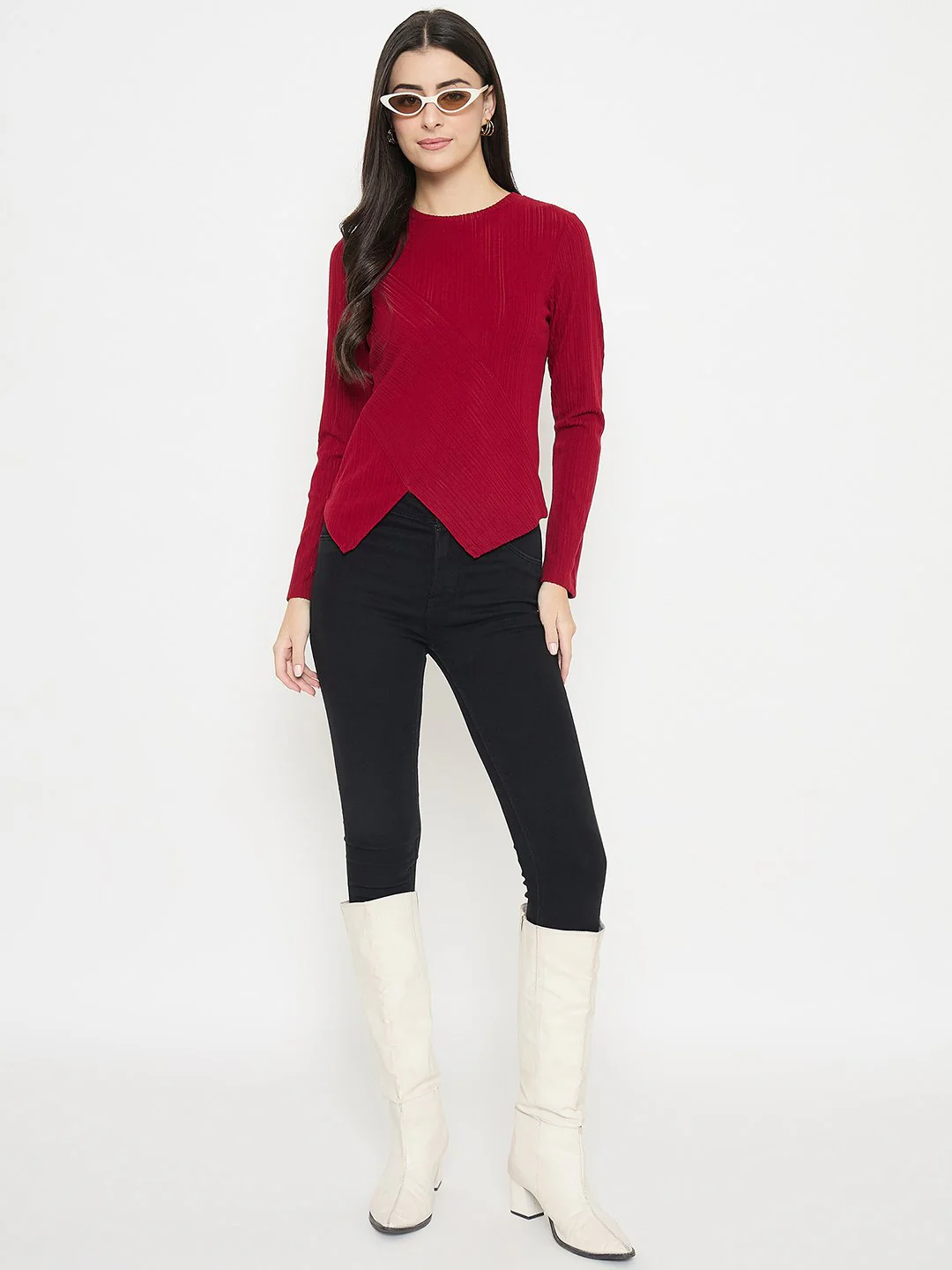 Madame Asymmetric Full Sleeve Red Top - Image 2