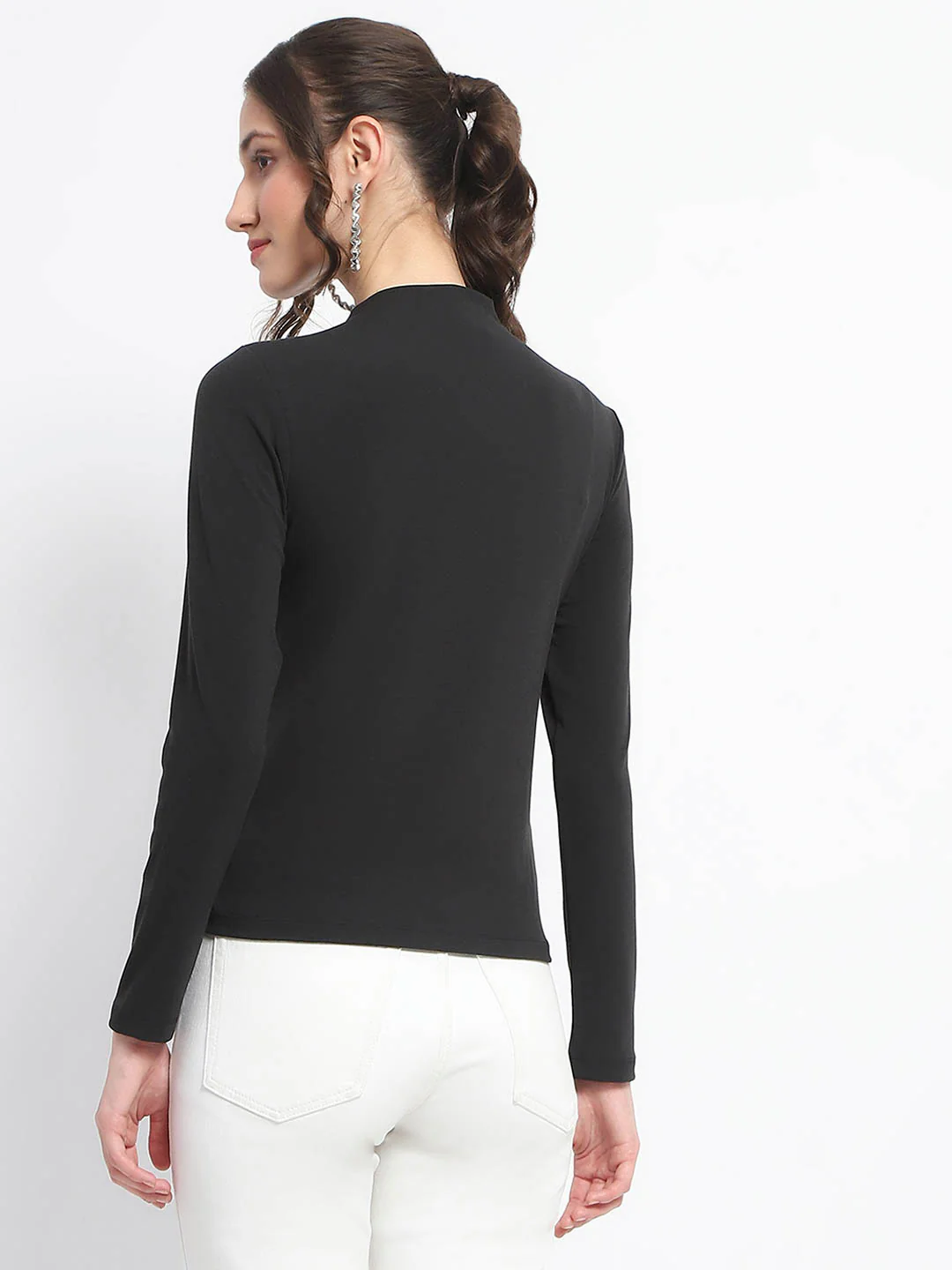 Madame Abstract Print Sleeve Crew Neck Black Top - Image 5