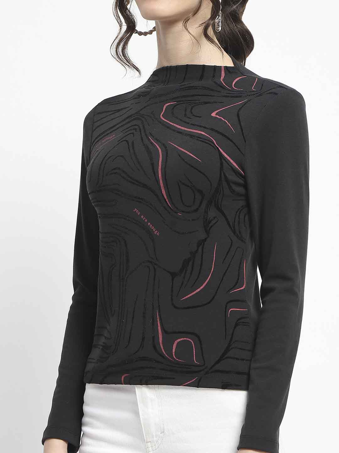 Madame Abstract Print Sleeve Crew Neck Black Top - Image 7