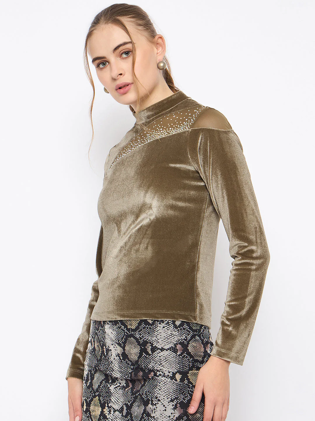 Madame Band Neck Sew Detailed Swarovski Embellished Olive Velvet Top - Image 5