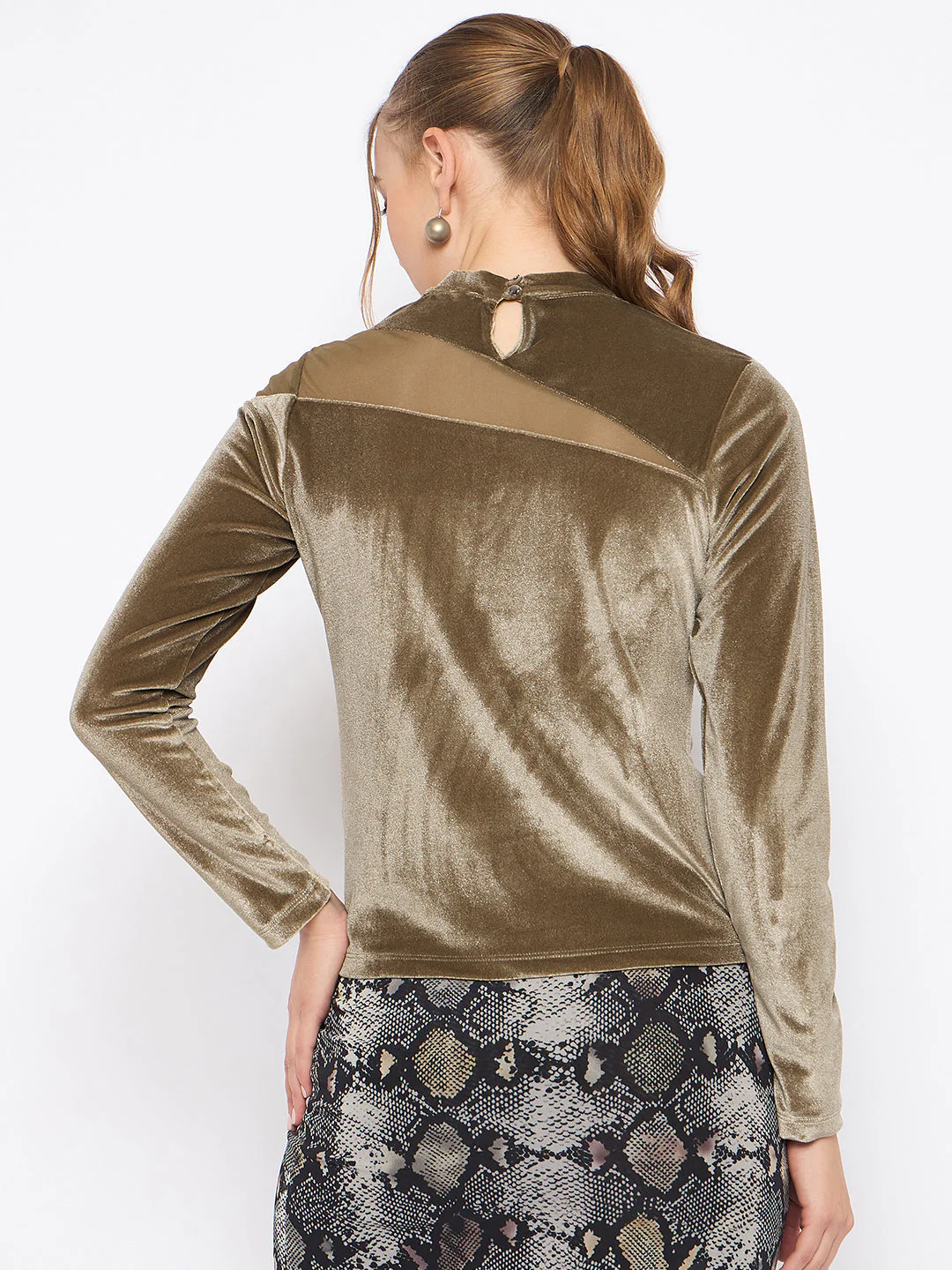Madame Band Neck Sew Detailed Swarovski Embellished Olive Velvet Top - Image 6