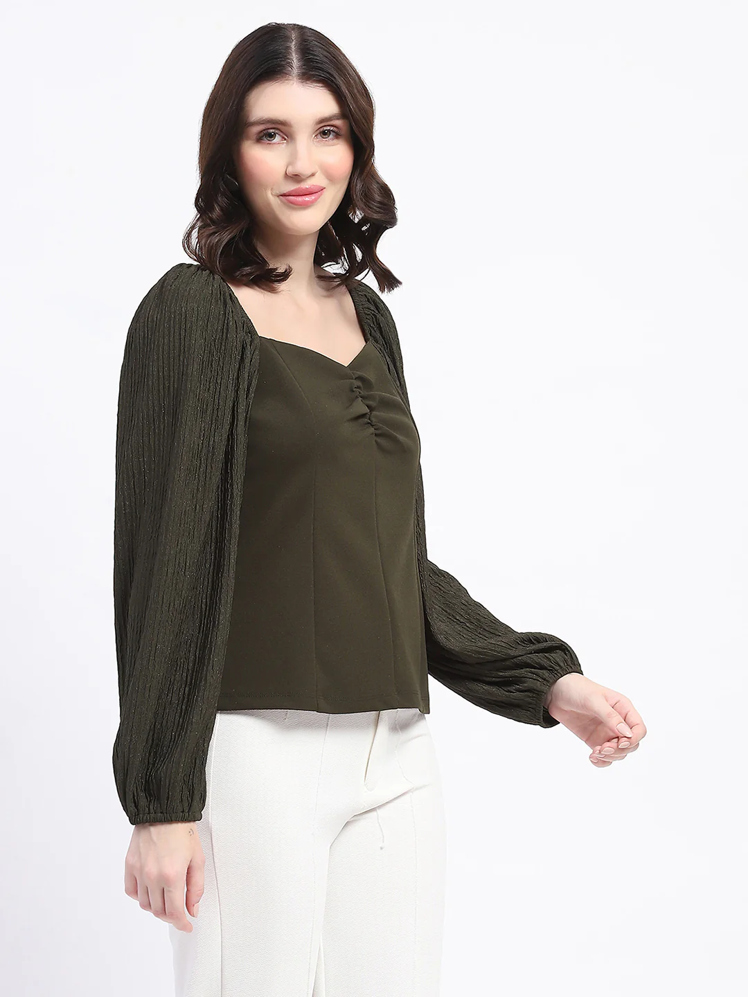 Madame Sweetheart Neck Elasticated Rush Detailed Solid Olive Knit moss Top - Image 4