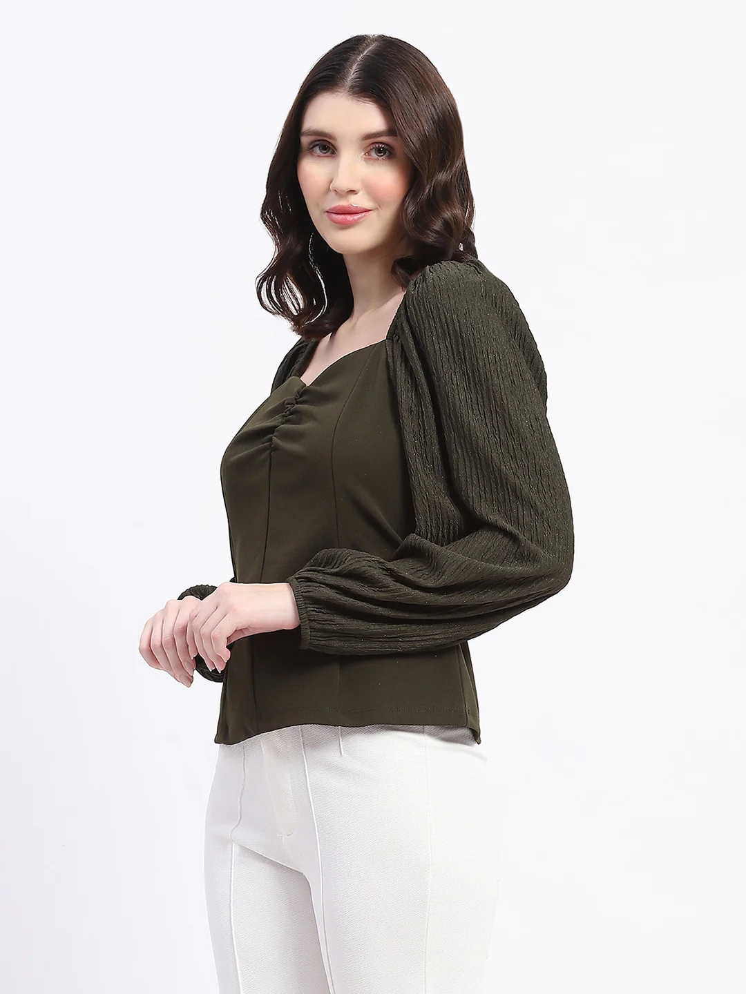 Madame Sweetheart Neck Elasticated Rush Detailed Solid Olive Knit moss Top - Image 5