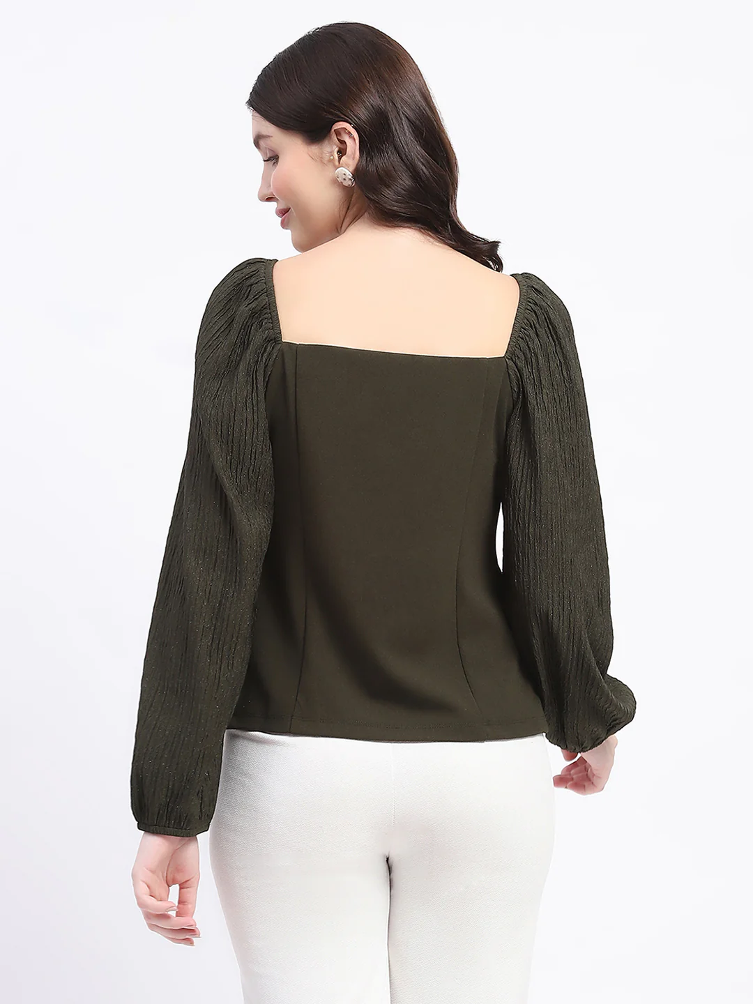 Madame Sweetheart Neck Elasticated Rush Detailed Solid Olive Knit moss Top - Image 6