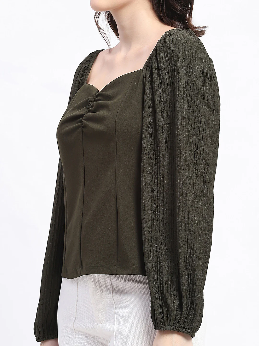 Madame Sweetheart Neck Elasticated Rush Detailed Solid Olive Knit moss Top - Image 7